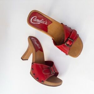 1970's Chunky Red Vintage Clog Style Leather Sandal Heels With Buckles
